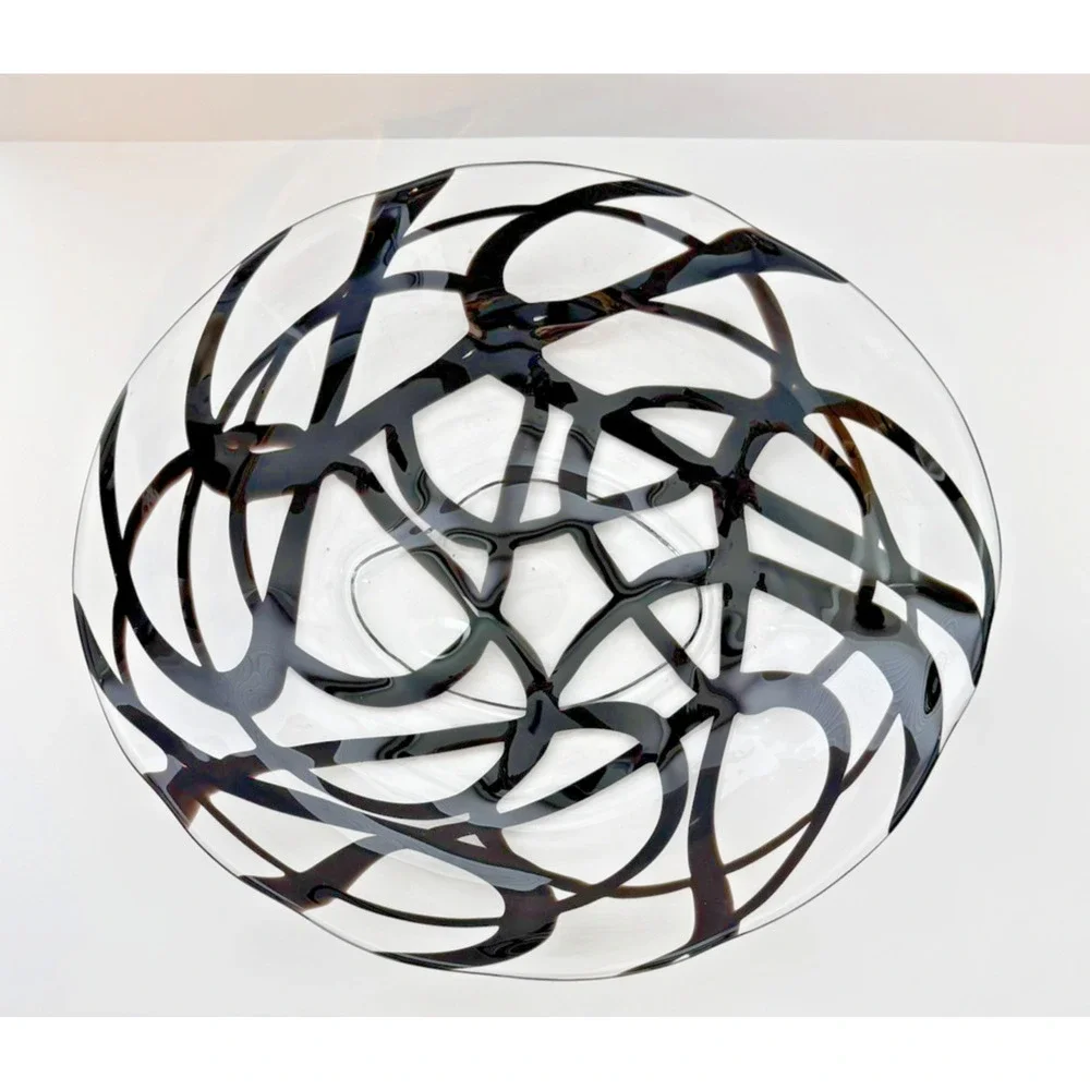 Vintage IKEA Firenze Art Glass Bowl by Martin Bergstrom Handblown Black Swirl
